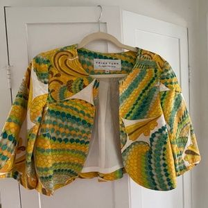 Trina Turk Yellow Vintage inspired mid century resort crop jacket size 4 Small